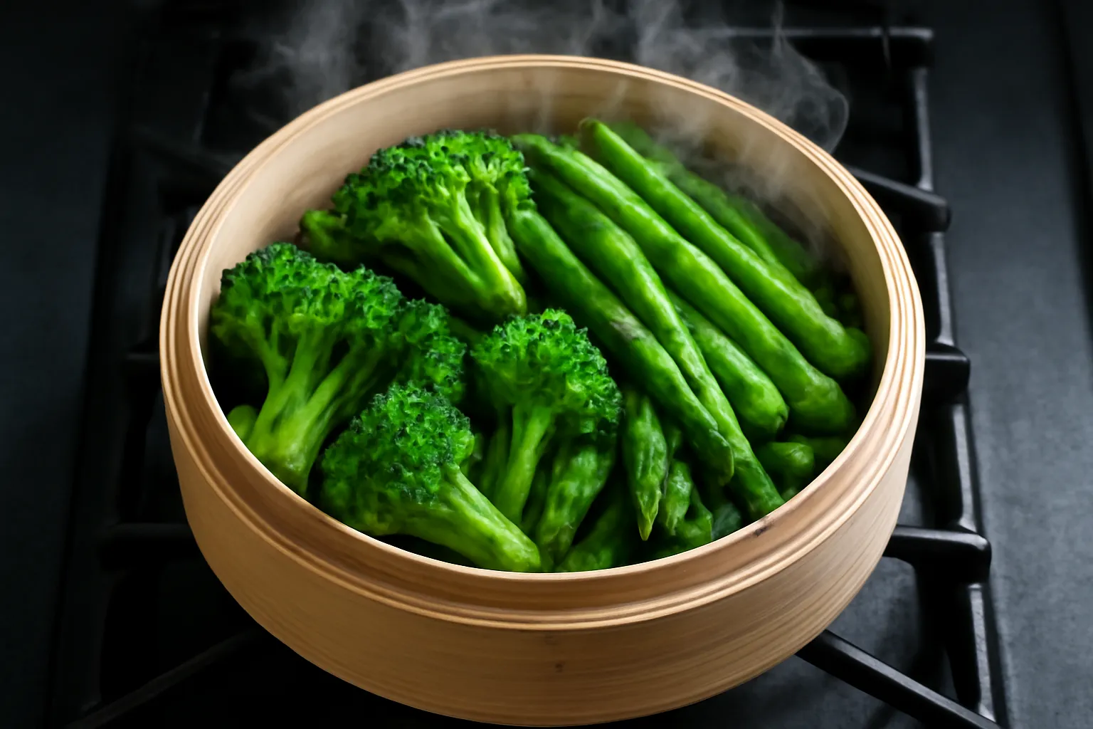 Xửng hấp mở nắp với rau xanh còn tươi màu bên trong