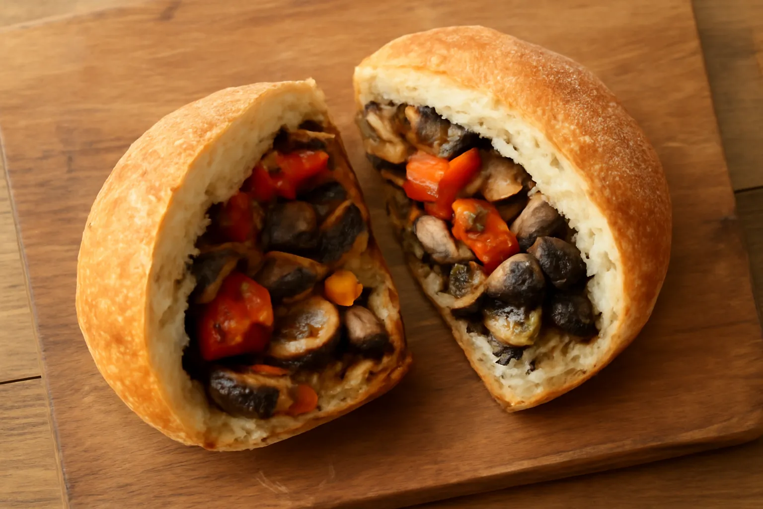 Ổ bánh mì kẹp đầy rau củ nướng và nấm