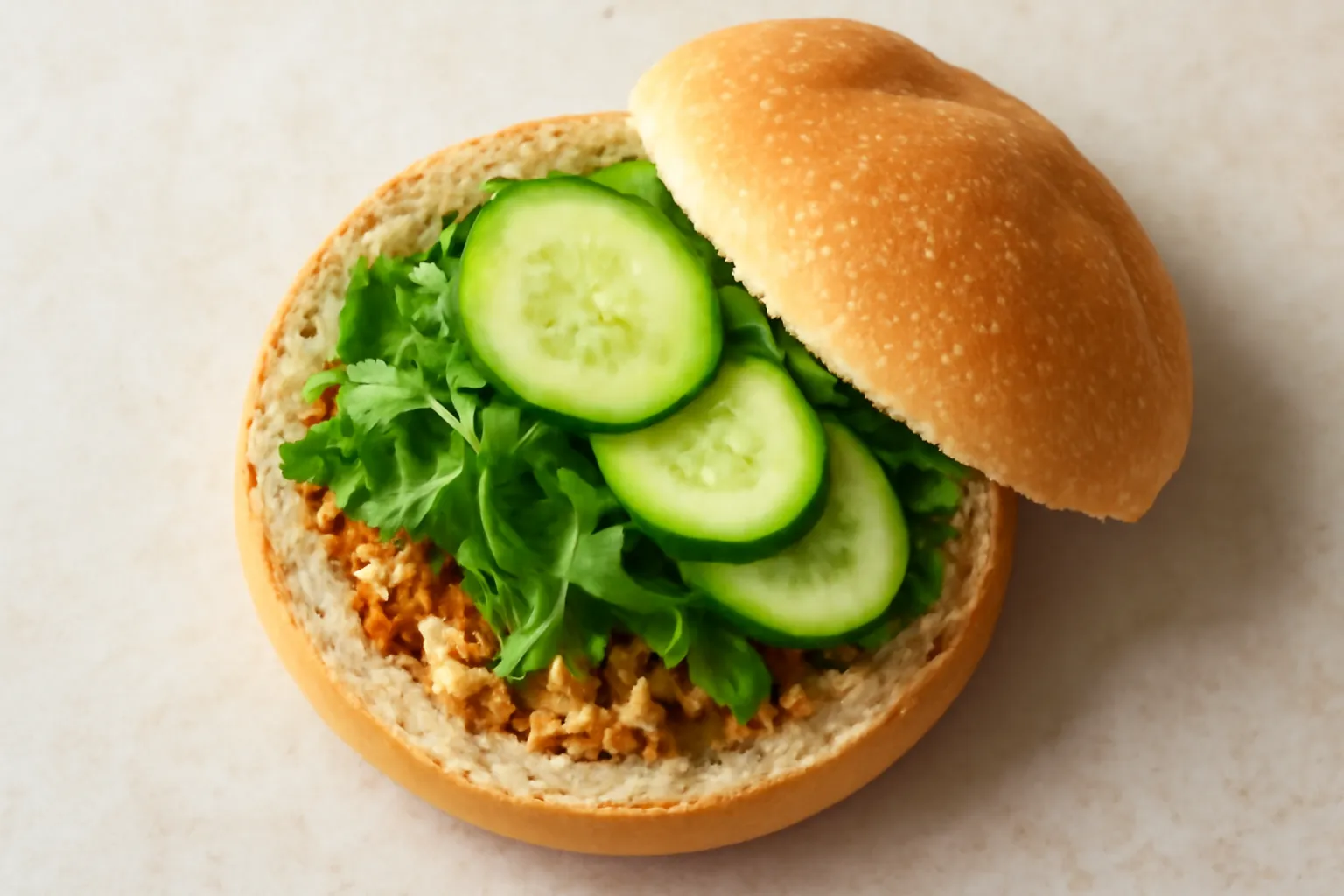 Ổ bánh mì mở ra với lớp rau xanh xếp trên nhân