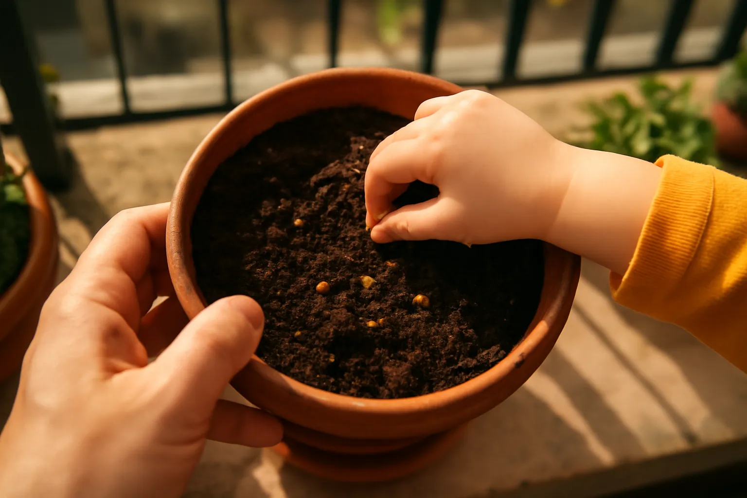 Bàn tay trẻ nhỏ gieo hạt vào chậu đất
